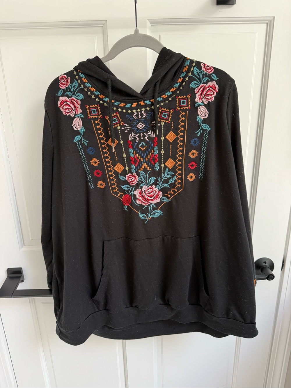 BloomChic Black Hoodie with Multicolor Floral & Geometric Embroidery